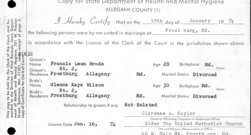 Maryland 1974 Marriage Certificates