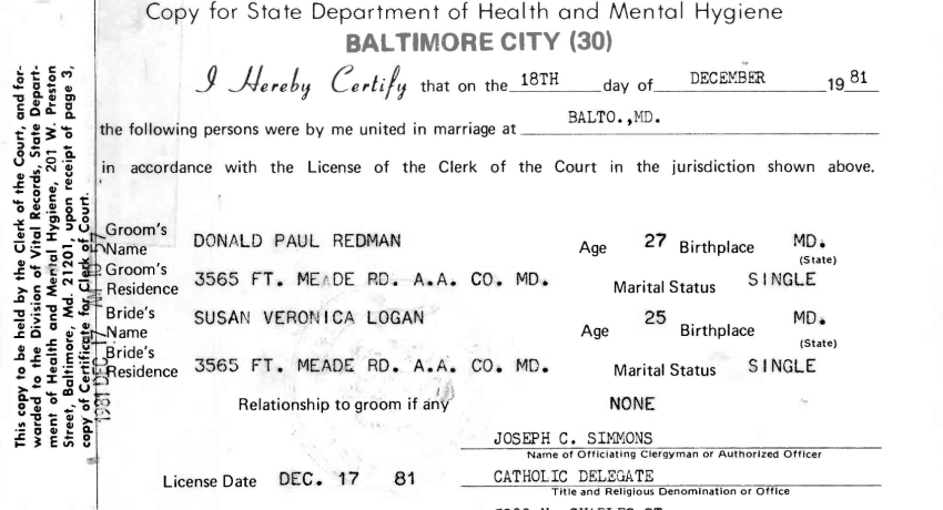 Maryland 1981 December Marriage Certificates