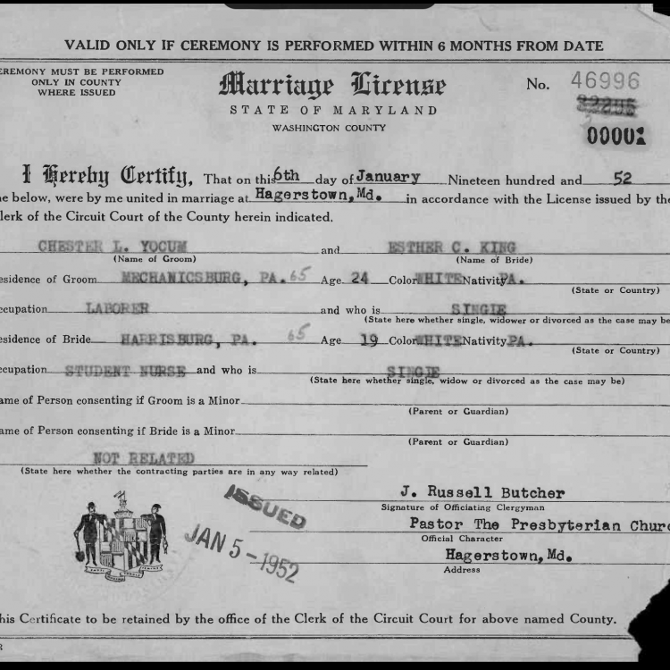 1952 Marriage Certificates (Maryland)