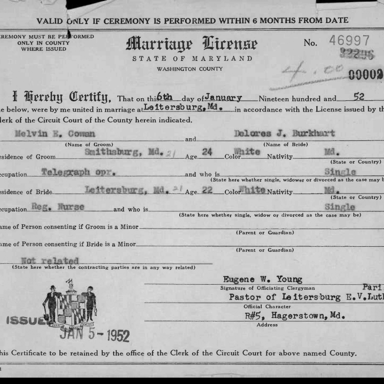 1952 Marriage Certificates (Maryland)