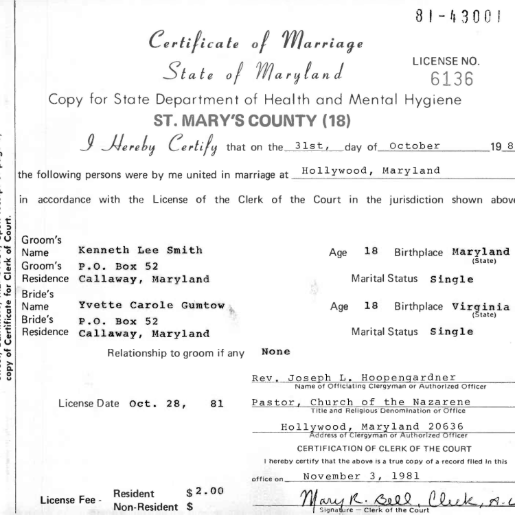 Maryland 1981 December Marriage Certificates