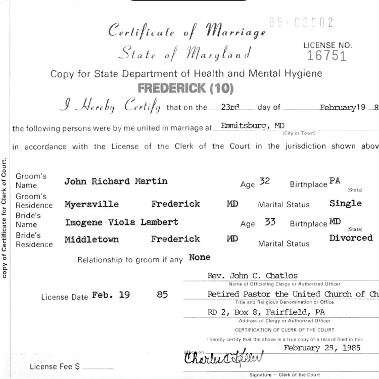 Maryland 1985 Marriage Certificates
